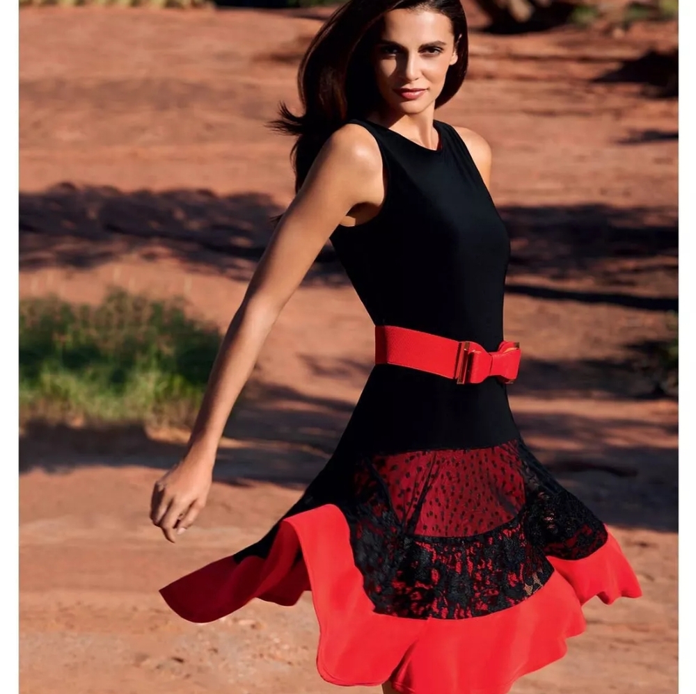 Joseph Ribkoff Canadian Designer Black And Red Dress W/ Black Mesh Overl…